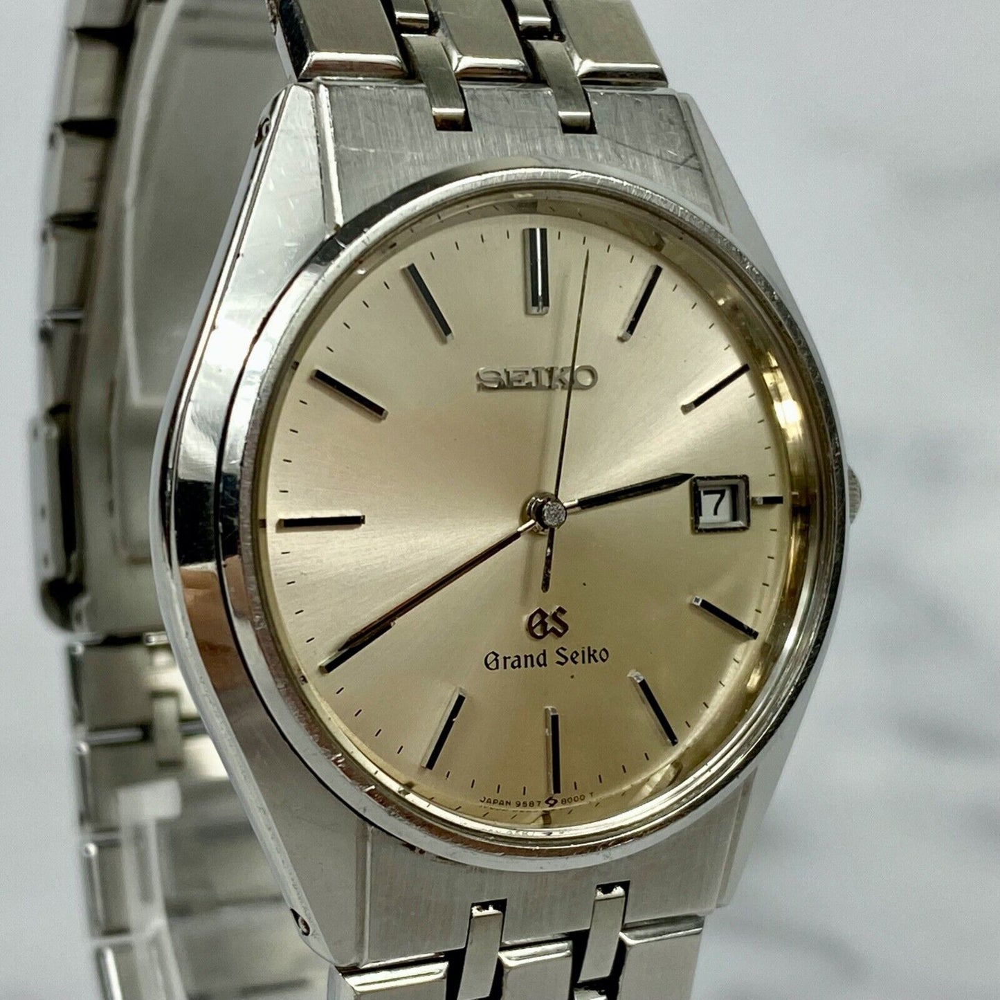 SEIKO GS Grand Seiko 9587-8000 Quartz Silver Date Mens Watch Vintage Excellent