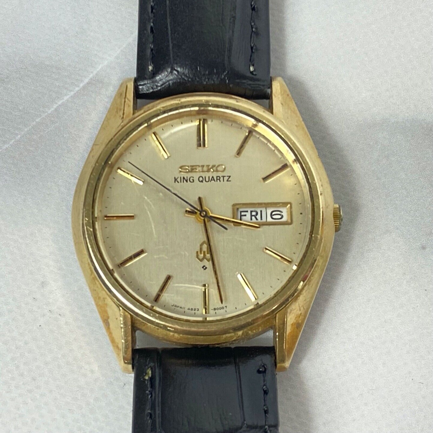 SEIKO KING QUARTZ 4823-8000 Gold Dial Day/Date Mens Watch Vintage Excellent