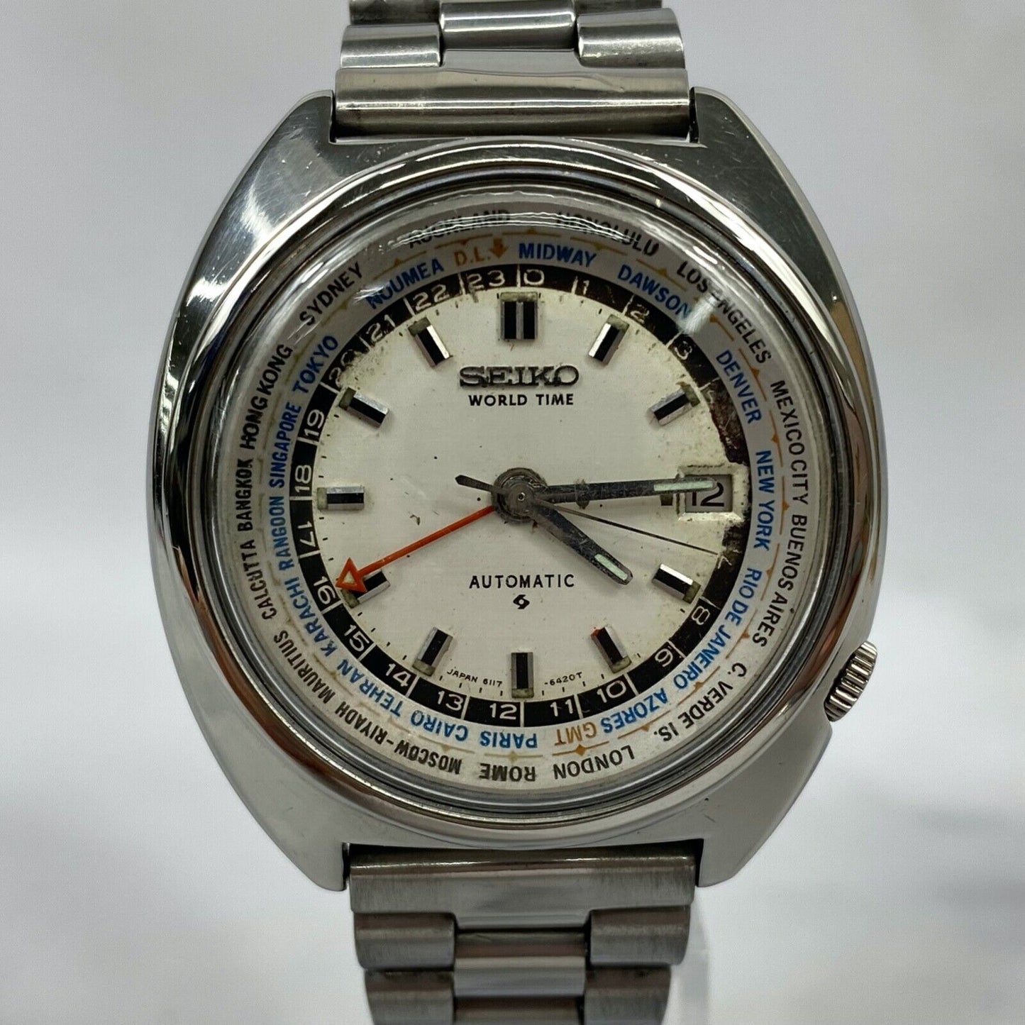 SEIKO World Time 6117-6400 Automatic Date Japan Mens Watch Vintage Excellent