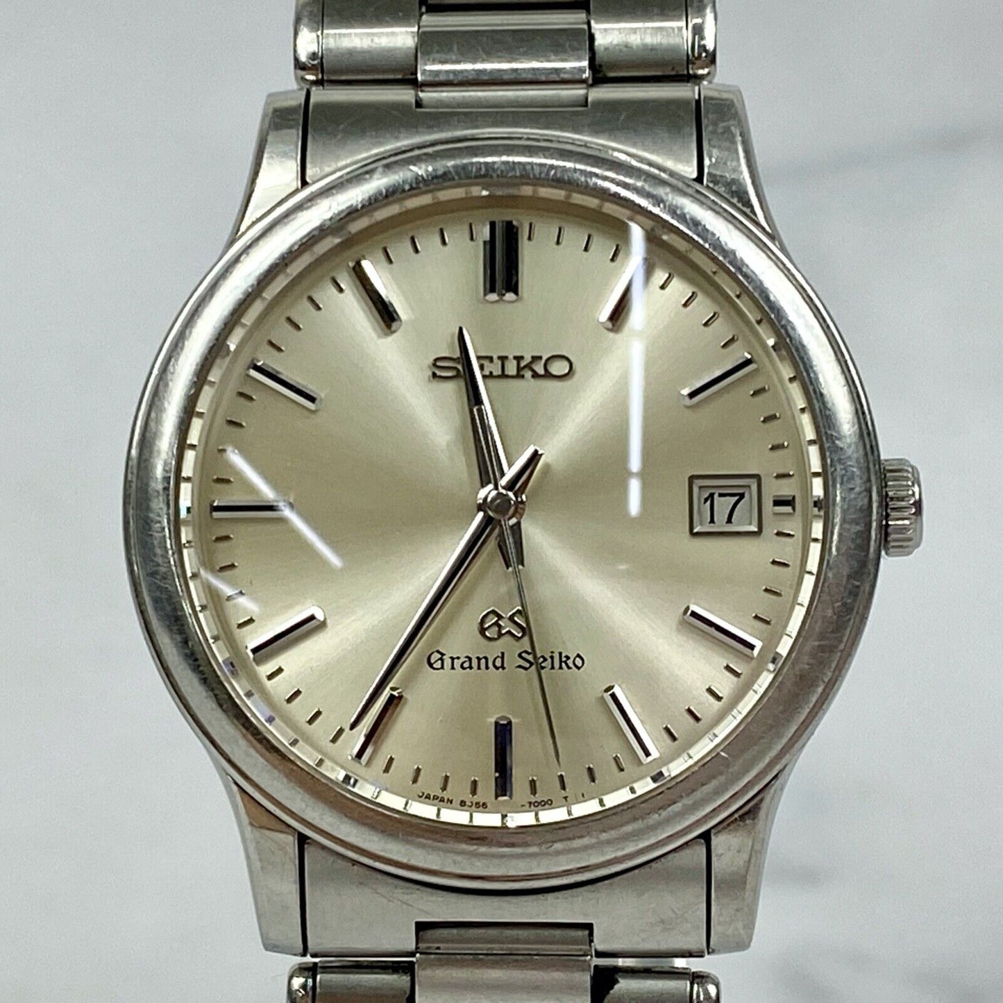 SEIKO Grand Seiko 8J56-7000 Quartz Silver Date Mens Watch Vintage Excellent