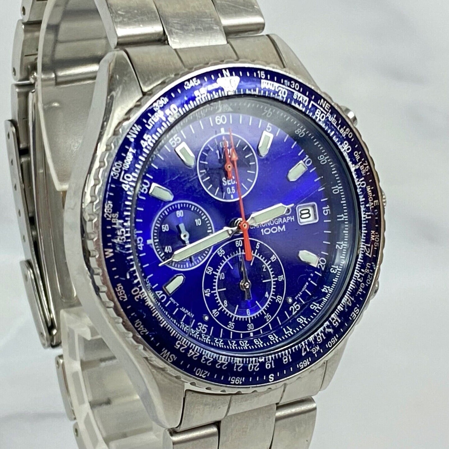 SEIKO Chronograph 7T92-0CF0 Quartz Date Blue Japan Mens Watch Vintage Excellent