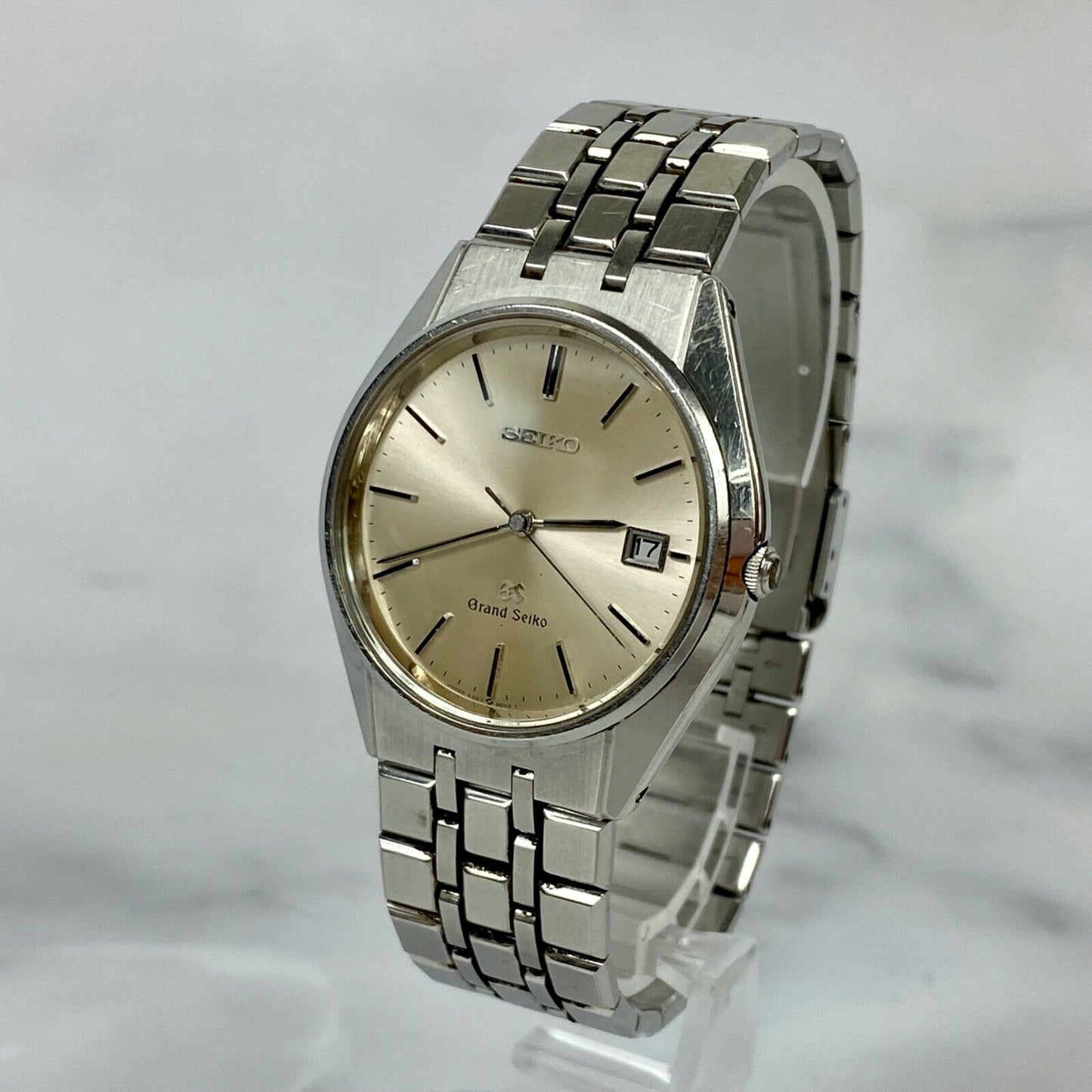 SEIKO GS Grand Seiko 9587-8000 Quartz Silver Date Mens Watch Vintage Excellent