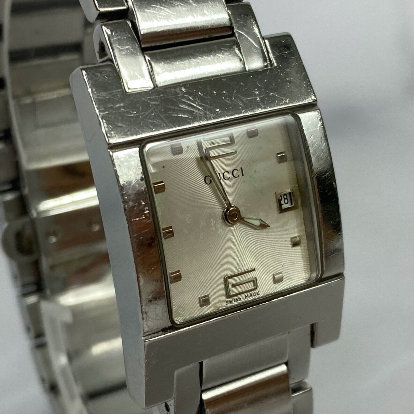 GUCCI 7700L Swiss Made Date Square Silver Quartz Womens Watch Vintage Excellent