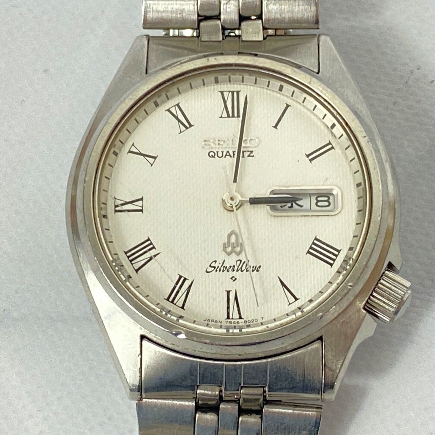 SEIKO Silver Wave 7546-8010 Day/Date Japan Quartz Mens Watch Vintage Excellent