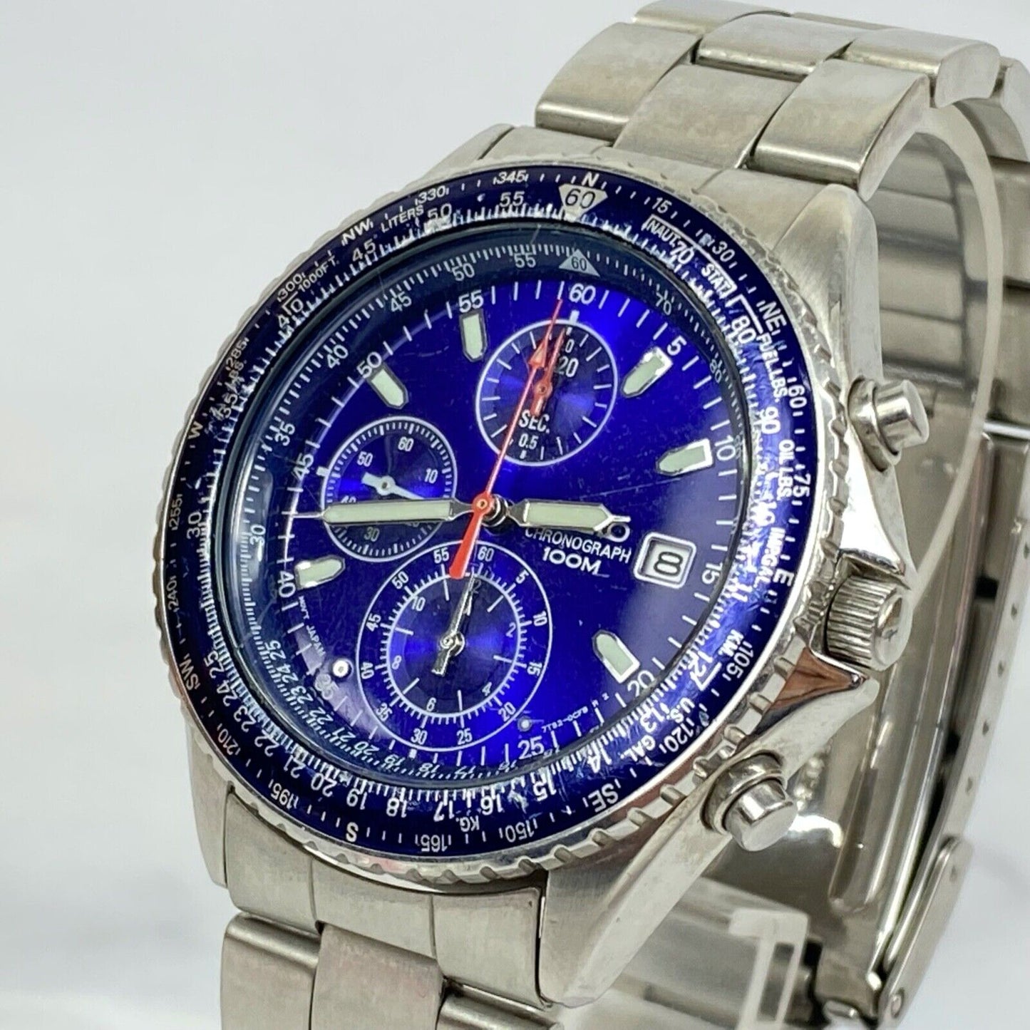 SEIKO Chronograph 7T92-0CF0 Quartz Date Blue Japan Mens Watch Vintage Excellent