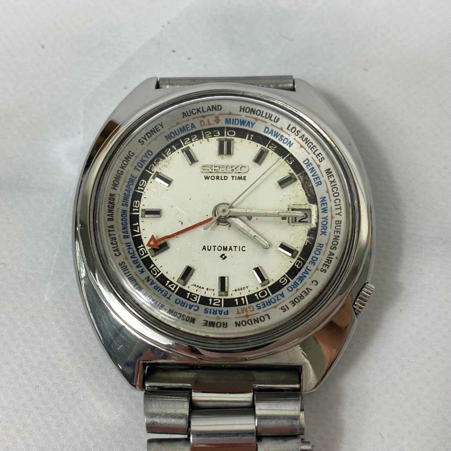 SEIKO World Time 6117-6400 Automatic Date Japan Mens Watch Vintage Excellent