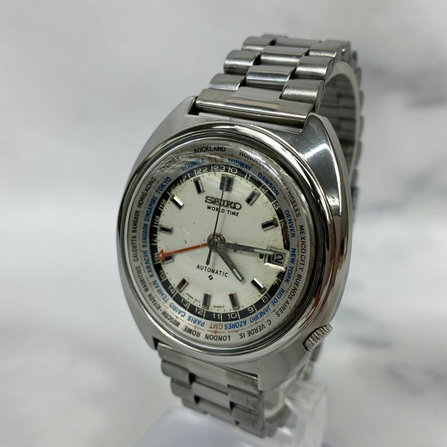 SEIKO World Time 6117-6400 Automatic Date Japan Mens Watch Vintage Excellent