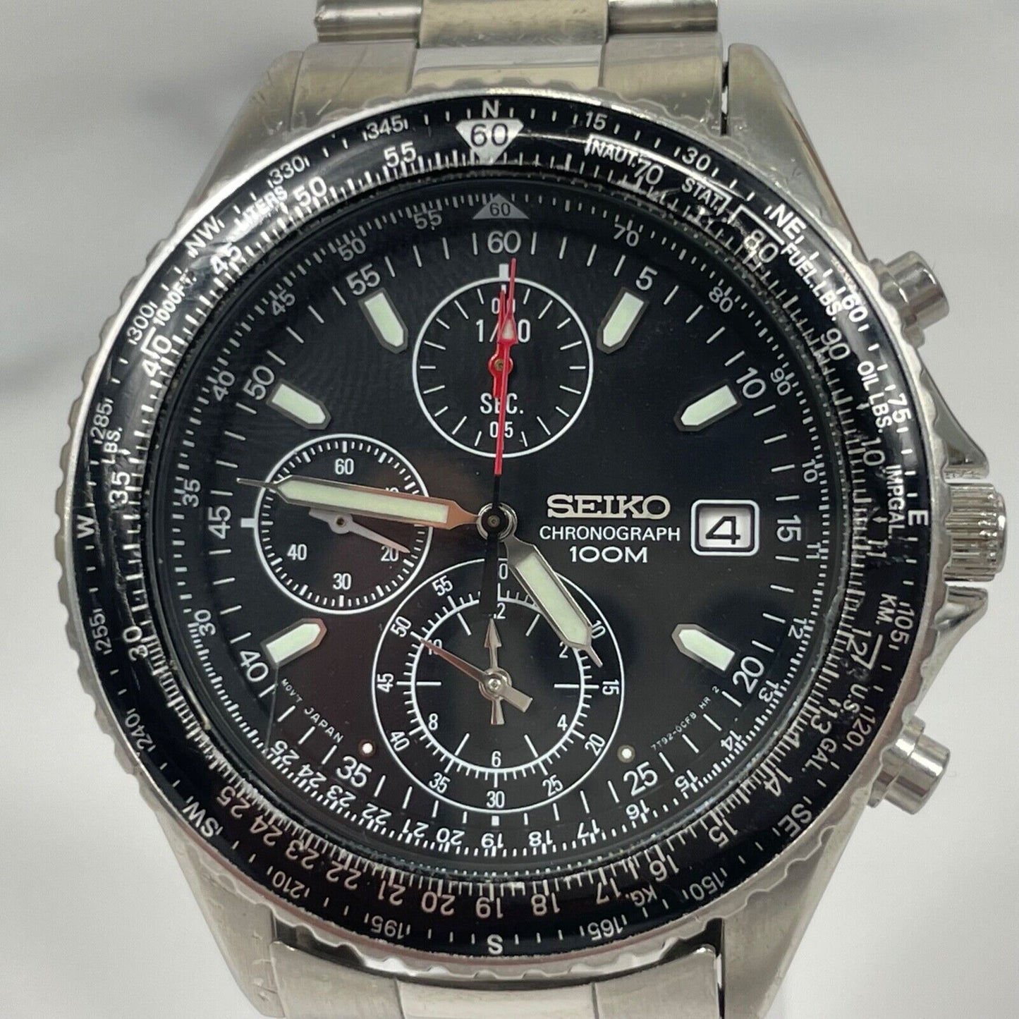 SEIKO Chronograph 7T92-0CF0 Pilot Analog Quartz Mens Watch Vintage Excellent