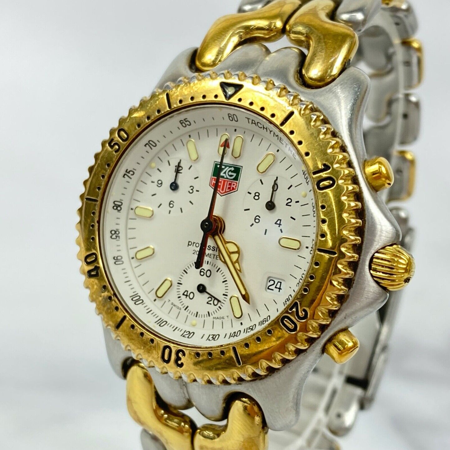 TAG HEUER CG1120 Chronograph White Dial Quartz Mens Watch Vintage Excellent