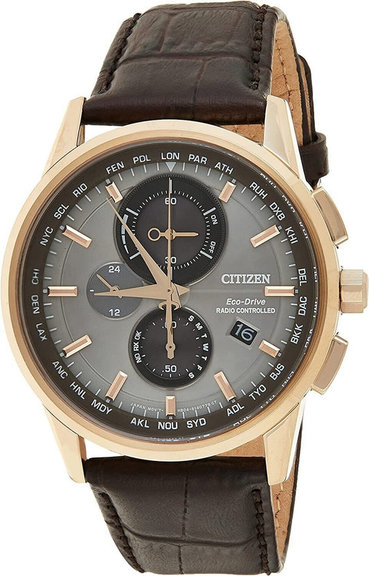 Citizen Eco-Drive AT8113-12H Chronograph Black Gold Leather Solar Mens Watch New