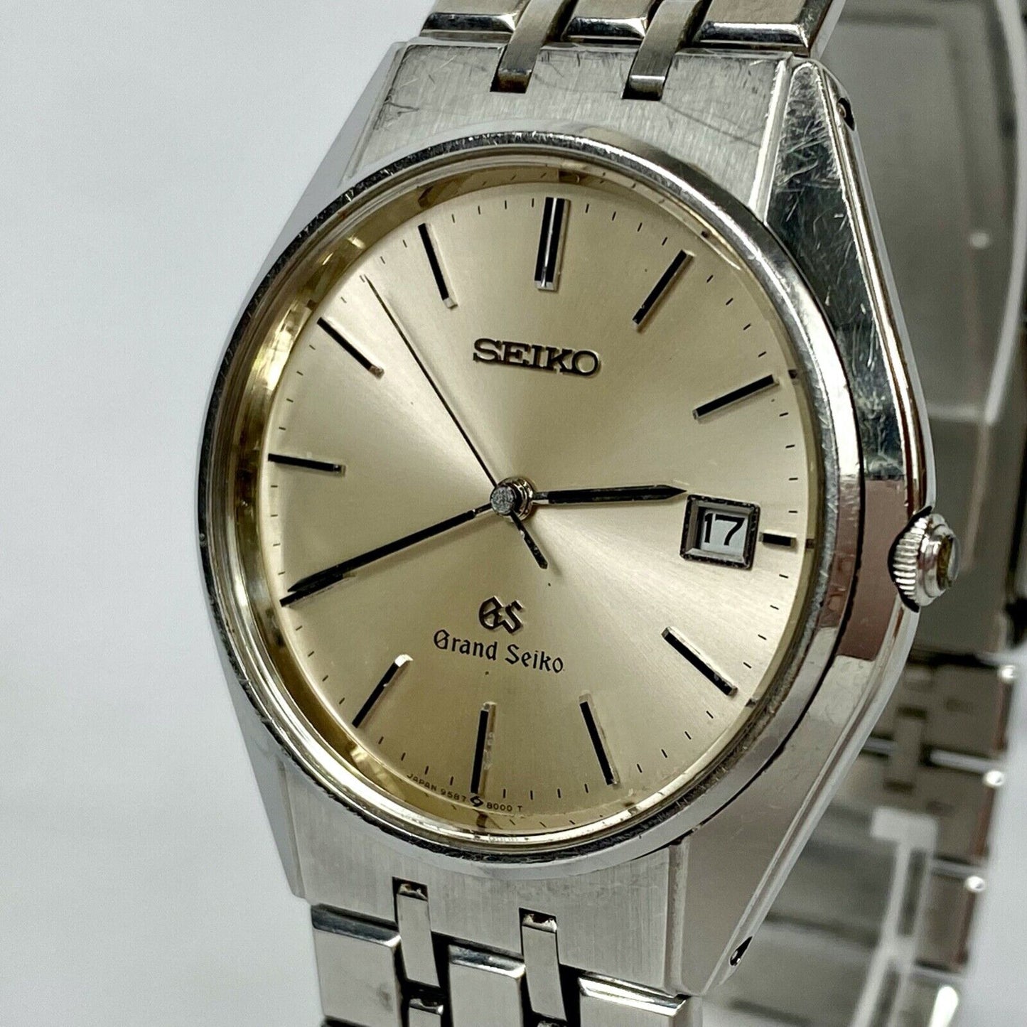 SEIKO GS Grand Seiko 9587-8000 Quartz Silver Date Mens Watch Vintage Excellent