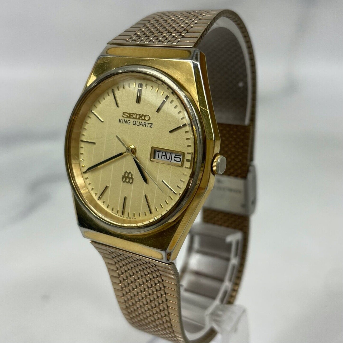 SEIKO KING Quartz 9443-7000 Gold Day/Date Analog Mens Watch Vintage Excellent