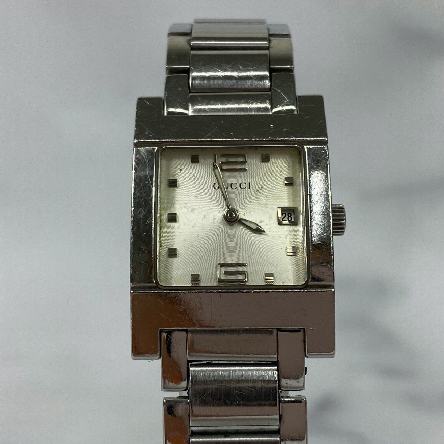 GUCCI 7700L Swiss Made Date Square Silver Quartz Womens Watch Vintage Excellent