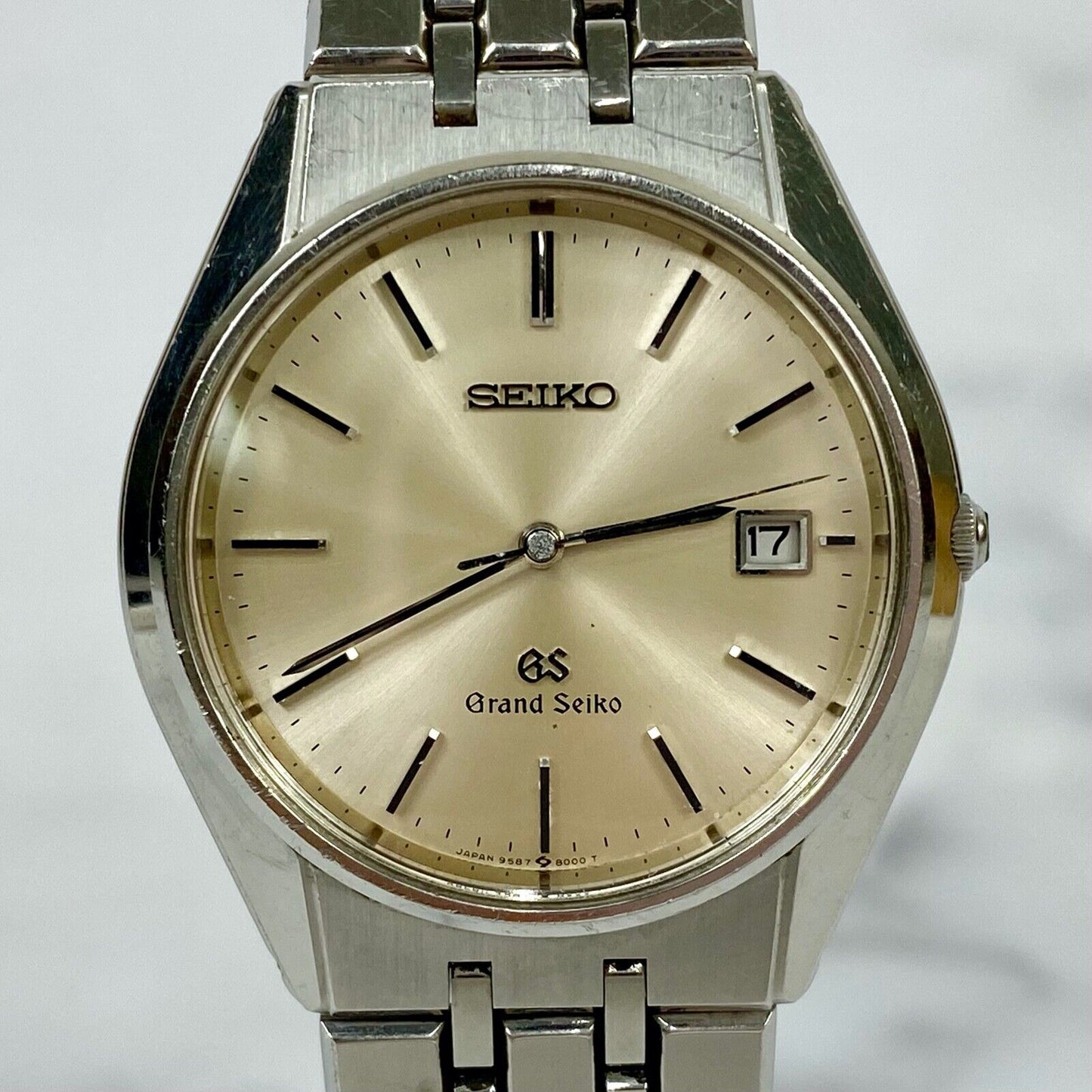 SEIKO GS Grand Seiko 9587-8000 Quartz Silver Date Mens Watch Vintage Excellent