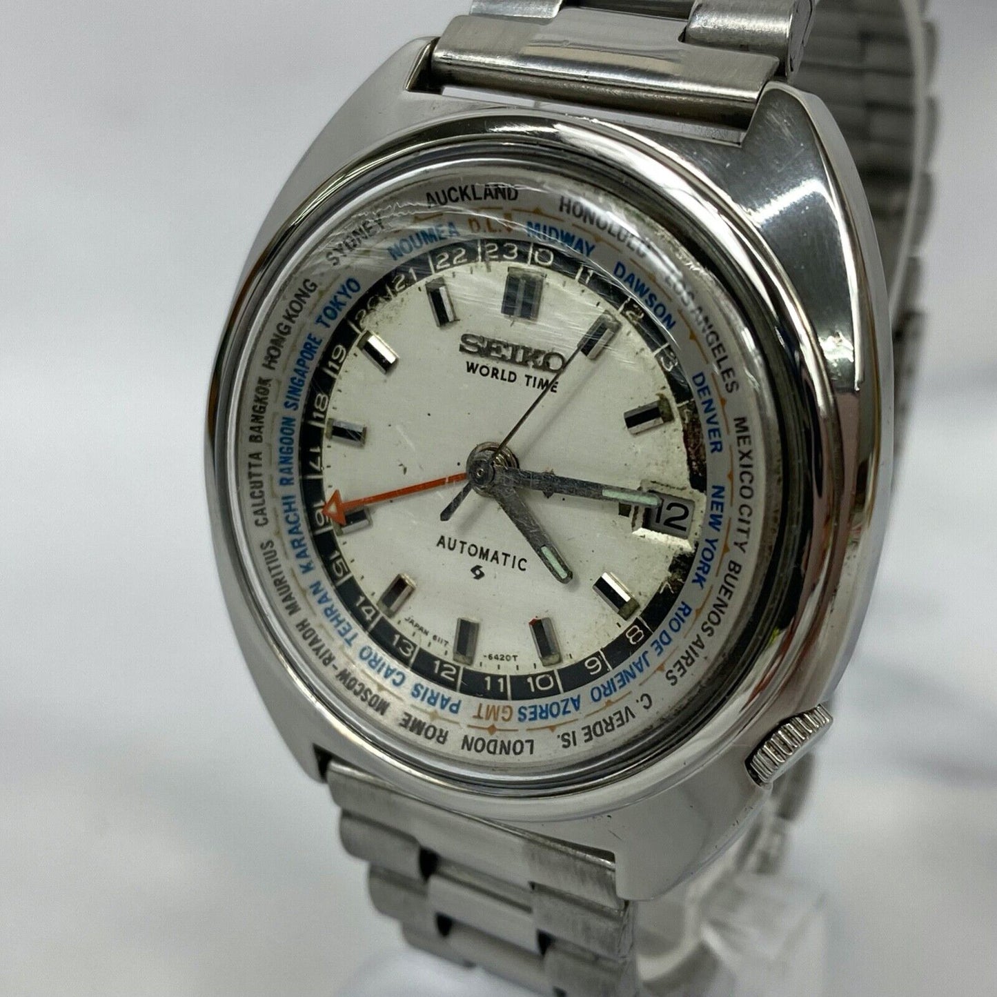 SEIKO World Time 6117-6400 Automatic Date Japan Mens Watch Vintage Excellent