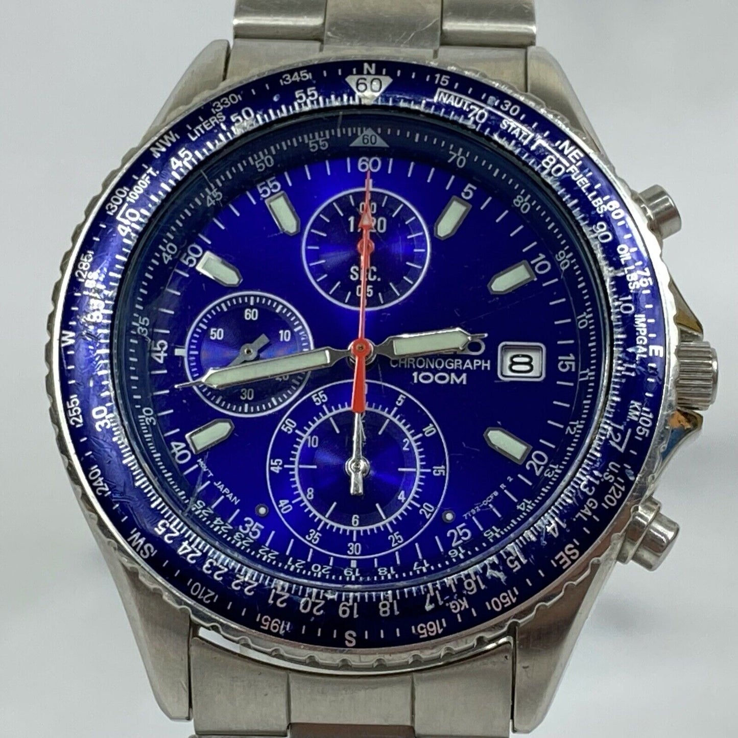 SEIKO Chronograph 7T92-0CF0 Quartz Date Blue Japan Mens Watch Vintage Excellent