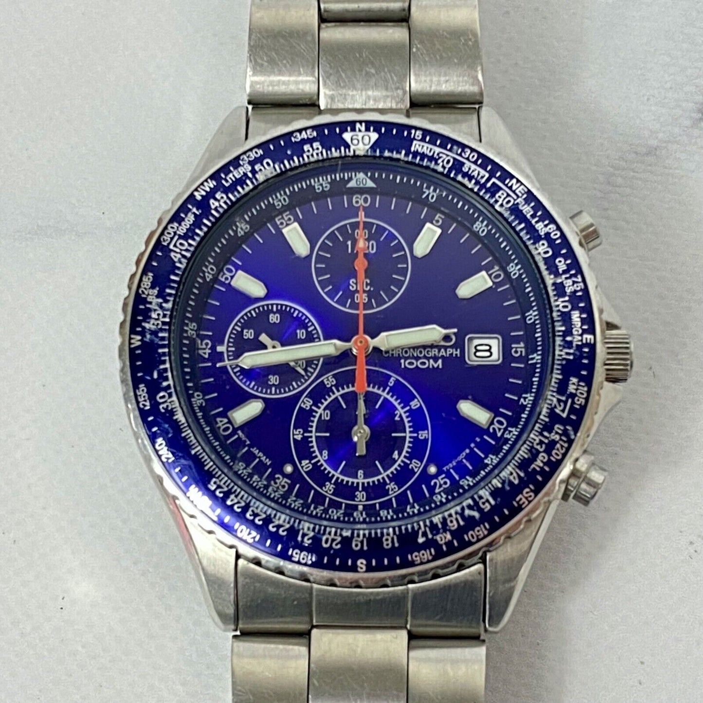 SEIKO Chronograph 7T92-0CF0 Quartz Date Blue Japan Mens Watch Vintage Excellent