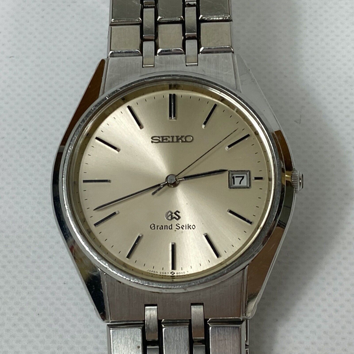 SEIKO GS Grand Seiko 9587-8000 Quartz Silver Date Mens Watch Vintage Excellent